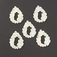 Natural White Shell Pendants, Teardrop with Flower Charms, 33x26x3mm, Hole: 0.8mm(SSHEL-T012-16)