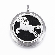 316 Surgical Stainless Steel Diffuser Locket Pendants, with Perfume Pad and Magnetic Clasps, Flat Round with Horse, Stainless Steel Color, Black, 37x30x6.5mm, Hole: 5mm, inner diameter: 23mm(STAS-H404-09E)