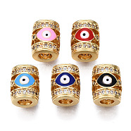 Brass Micro Pave Cubic Zirconia Beads, with Enamel, Real 18K Gold Plated, Column with Evil Eye, Nickel Free, Mixed Color, 11.5x9.5mm, Hole: 4.5mm(KK-N227-90)