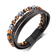 Natural Tiger Eye Beaded Bracelets, with Imitation Leather Cord, Skull, 8-1/4 inch(21cm)(PW-WGD5790-01)