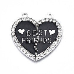 Alloy Enamel Split Pendant, with Rhinestone, Cadmium Free & Nickel Free & Lead Free, Platinum, Broken Heart with Word Best Friend, Black, 31x30.5x2mm, Hole: 2mm(ENAM-S130-25A)