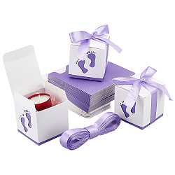Paper Gift Box, with Ribbon, Folding Boxes with Foot Print Pattern, Wedding Decoration, Square, Medium Purple, 6.1x6.1x6.1cm(CON-WH0080-53C)