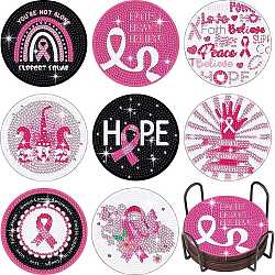 DIY Breast Cancer Awareness Ribbon Diamond Painting Wood Cup Mat Kits, Including Coster Holder, Resin Rhinestones, Diamond Sticky Pen, Tray Plate & Glue Clay, Mixed Color, Packaging: 130x126x80mm(DIY-H163-10)