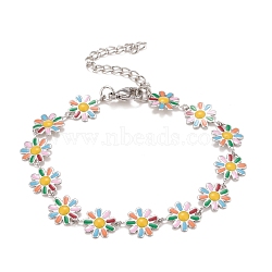 Enamel Daisy Link Chains Bracelet, 304 Stainless Steel Jewelry for Women, Stainless Steel Color, Colorful, 7-1/4 inch(18.4cm)(BJEW-P271-01P-02)