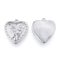 Brass Pendants, Cadmium Free & Nickel Free & Lead Free, Heart with Rose, Real Platinum Plated, 18x15.5x2.5mm, Hole: 1.2mm(KK-N216-580P)