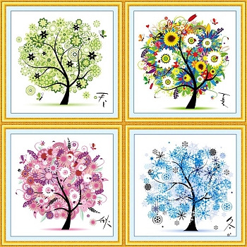 DIY Four Season Theme Tree of Life Pattern Cross-Stitch Starter Kits, Including Fabric, Threads, Needle, Mixed Color, 450x450mm, 4pcs/set