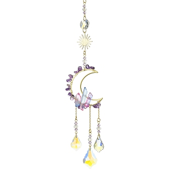 Natural Amethyst & Glass Pendants Decoration, with 304 Stainless Steel Split Rings, Moon & Sun, 300mm