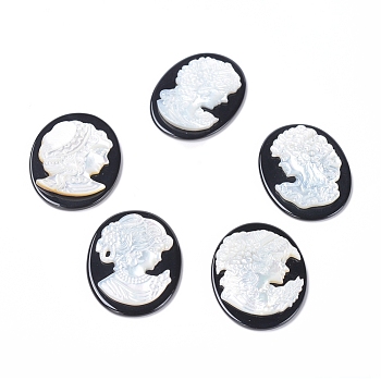 Natural Black Agate Cameo Cabochons, with Shell, Oval with Women Portrait, White, 40x30x3.5~4.5mm