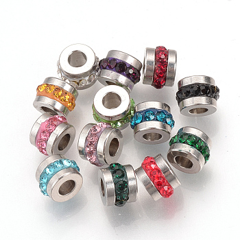 201 Stainless Steel Rhinestone Beads, Column, Stainless Steel Color, 7x5mm, Hole: 3mm