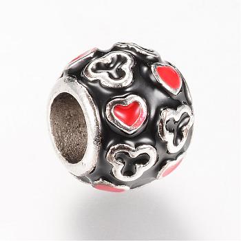 Alloy Enamel European Beads, Rondelle, Large Hole Beads, Silver Color Plated, Black, 10.5x9mm, Hole: 5mm