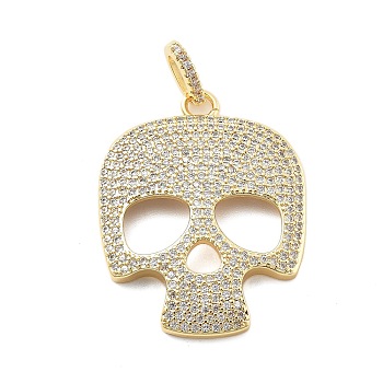 Brass Micro Pave Cubic Zirconia Pendants, Skull Charms, Real 18K Gold Plated, Clear, 34x26.5x3.5mm, Hole: 5.5x3mm