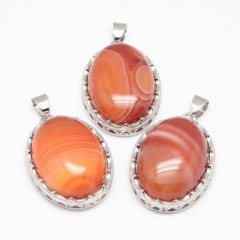 Natural Red Striped Agate/Banded Agate Pendants, with Brass Findings, Oval, Dyed, Platinum, 30x21x10~11mm, Hole: 6x4mm