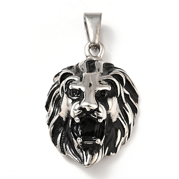 Vacuum Plating 304 Stainless Steel Pendants, Lion Head, Antique Silver, 36~38.5x23~24x13~14mm  Hole: 9.5x5mm