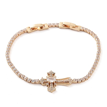 Golden Brass Link Bracelet, with Cubic Zirconia Tennis Chains, Long-Lasting Plated, Cross, 8-3/8 inch(21.4cm)