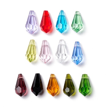 Faceted Transparent A5 Glass Pendants, Teardrop, Mixed Color, 17~17.5x8.5~9mm, Hole: 1mm