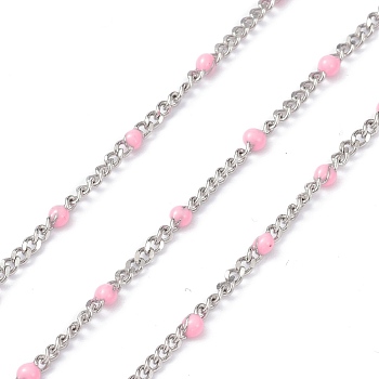 304 Stainless Steel Enamel Curb Chains, with Spool, Soldered, Faceted, Pink, 2.5x2x0.8mm, 32.80Feet/roll(10m/roll)