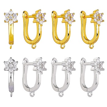 4 Pairs 2 Colors Brass Flower Hoop Earring Findings, Latch Back with Clear Cubic Zirconia, Lead Free & Cadmium Free, Platinum & Golden, 18x13x7mm, Hole: 1.2mm, Pin: 1mm, 2 Pairs/color