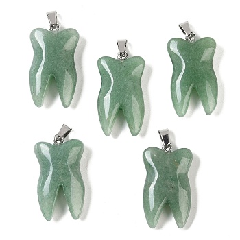 Natural Green Aventurine Pendants, Tooth Charms with Stainless Steel Color Stainless Steel Findings, 39.5~40x19~19.5x8~8.5mm, Hole: 3.5x6.5mm