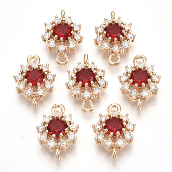 Transparent Glass Links connectors, with Golden Tone Brass Findings and Clear Rhinestone, Faceted, Flower, Red, 16x11x5mm, Hole: 1.2mm