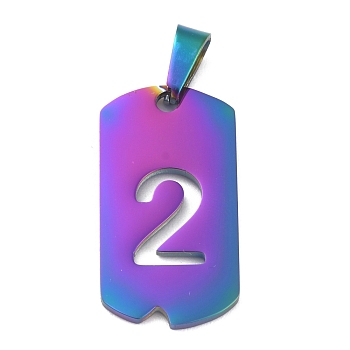 Ion Plating(IP) 304 Stainless Steel Pendants, Manual Polishing, Rectangle with Number, Rainbow Color, Num.2, 27.5x14.5x1.5mm, Hole: 3.5mm