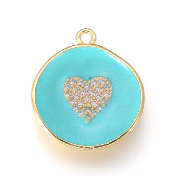 Golden Plated Brass Micro Pave Cubic Zirconia Pendants, with Enamel, Long-Lasting Plated, Flat Round with Heart, Cyan, 23x20x3mm, Hole: 1.8mm