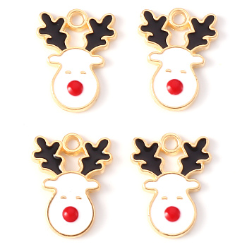 Alloy Enamel Pendants, for Christmas, Christmas Reindeer/Stag, Light Gold, White, 17x13x2mm, Hole: 1.6mm