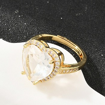 Heart Brass Micro Pave Cubic Zirconia Cuff Open Rings for Women, with Glass, Cadmium Free & Lead Free, Rack Plating, Real 18K Gold Plated, Clear, 18mm