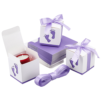 Paper Gift Box, with Ribbon, Folding Boxes with Foot Print Pattern, Wedding Decoration, Square, Medium Purple, 6.1x6.1x6.1cm