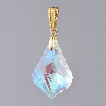 AB Color Plated Electroplate Glass Pendants, with Golden Plated Brass Pendant Bails, Faceted, Leaf, Clear AB, 28x19.5x10.5mm, Hole: 10x4mm