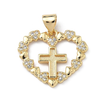 Brass Micro Pave Cubic Zirconia Pendants, Heart with Cross Charms, Cadmium Free & Lead Free, Long-Lasting Plated, Rack Plating, Real 18K Gold Plated, 17.5x20x2mm, Hole: 4x3mm
