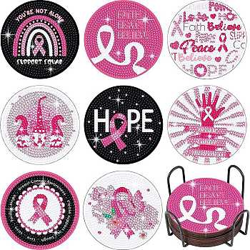 DIY Breast Cancer Awareness Ribbon Diamond Painting Wood Cup Mat Kits, Including Coster Holder, Resin Rhinestones, Diamond Sticky Pen, Tray Plate & Glue Clay, Mixed Color, Packaging: 130x126x80mm