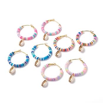 Big Ring with Cowrie Shell Dangle Huggie Hoop Earrings, Handmade Polymer Clay Heishi Beaded Ring Hoop Earrings for Women, Mixed Color, 52x50x6mm, Pin: 0.7mm