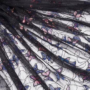 1Pc Butterfly Pattern Polyester Mesh Tulle Fabric, Garment Accessories, with Paillette, Black, 130~150x0.02cm
