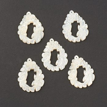 Natural White Shell Pendants, Teardrop with Flower Charms, 33x26x3mm, Hole: 0.8mm
