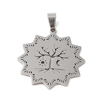 Non-Tarnish 201 Stainless Steel Pendants, Flower with Tree Charm, Stainless Steel Color, 37.5x34.5x1.5mm, Hole: 8x4mm