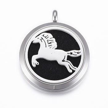 316 Surgical Stainless Steel Diffuser Locket Pendants, with Perfume Pad and Magnetic Clasps, Flat Round with Horse, Stainless Steel Color, Black, 37x30x6.5mm, Hole: 5mm, inner diameter: 23mm