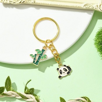 Alloy Enamel Keychain, with Iron Rings, Panda Bamboo, Golden, 78mm
