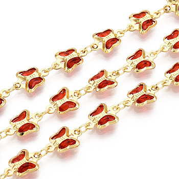 Brass Glass Butterfly Charm Link Chains, Soldered, with Spool, Golden, Dark Red, 10.5~11x7x2mm, about 32.81 Feet(10m)/Roll