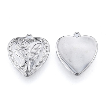 Brass Pendants, Cadmium Free & Nickel Free & Lead Free, Heart with Rose, Real Platinum Plated, 18x15.5x2.5mm, Hole: 1.2mm