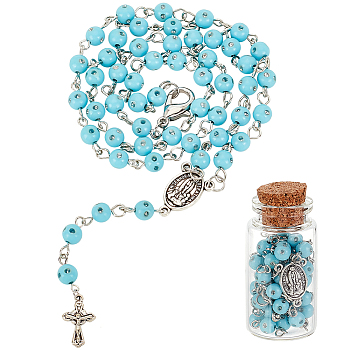 Sky Blue Acrylic Rosary Bead Necklaces, Alloy Virgin Mary & Cross Pendant Necklace for Women, Antique Silver, 24.41 inch(62cm)