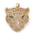 Brass Micro Pave Clear & Green Cubic Zirconia Pendants, Long-Lasting Plated, Lead Free & Cadmium Free, Tiger Head, Real 18K Gold Plated, 28.5x27x4.5mm, Hole: 5x3mm(ZIRC-E165-12G)