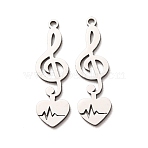 201 Stainless Steel Pendants, Musical Note with Heart Charms, Laser Cut, Stainless Steel Color, 27x8x1mm, Hole: 1.4mm(SA-Z001-03P)