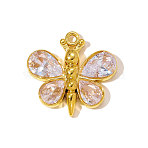 304 Stainless Steel Cubic Zirconia Pendants, Butterfly Charms, Ion Plating(IP), Mirror Polished Finish, Real 18K Gold Plated, Clear, 22x21mm, Hole: 1.5mm(STAS-OY010-03G)