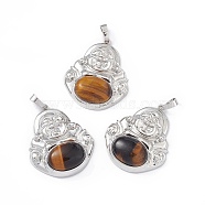 Natural Tiger Eye Pendants, Buddha Charms, with Platinum Tone Rack Plating Brass Findings, Cadmium Free & Lead Free, 39x32x9.5mm, Hole: 8x4.5mm(G-H283-01V)