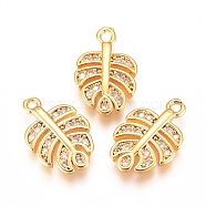 Brass Micro Pave Cubic Zirconia Charms, Tropical Leaf Charms, Monstera Leaf, Clear, Golden, 14x9x2mm, Hole: 1mm(KK-G391-15G)