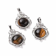 Natural Tiger Eye Pendants, Half Round Charms, with Rack Plating Platinum Tone Brass Planet, 34x25x8mm, Hole: 8x5mm(G-P496-05P-14)