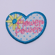 Computerized Embroidery Cloth Iron on/Sew on Patches, Costume Accessories, Appliques, Heart with Word Flower Power, Cyan, 36x45x2mm(DIY-TAC0008-15)