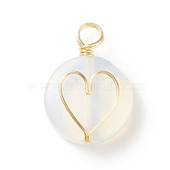 Opalite Pendants, with Real 18K Gold Plated Eco-Friendly Copper Wire Wrapped, Flat Round with Heart Charm, 22x16x5.5mm, Hole: 3~4.5mm(PALLOY-JF01751-04)