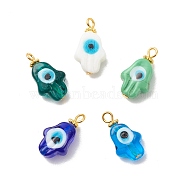Handmade Evil Eye Lampwork Pendants, with Iron & Alloy Finding, Hamsa Hand/Hand of Miriam, Mixed Color, 21x12x6mm, Hole: 1.8mm(PALLOY-JF01688)