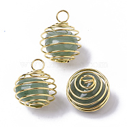 Iron Wrap-around Spiral Bead Cage Pendants, with Natural Green Aventurine Beads inside, Round, Golden, 21x24~26mm, Hole: 5mm(IFIN-R239-09G)